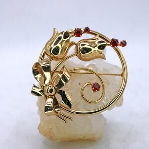 Vintage 12kt Gold Filled Coro Red Rhinestone Floral Brooch